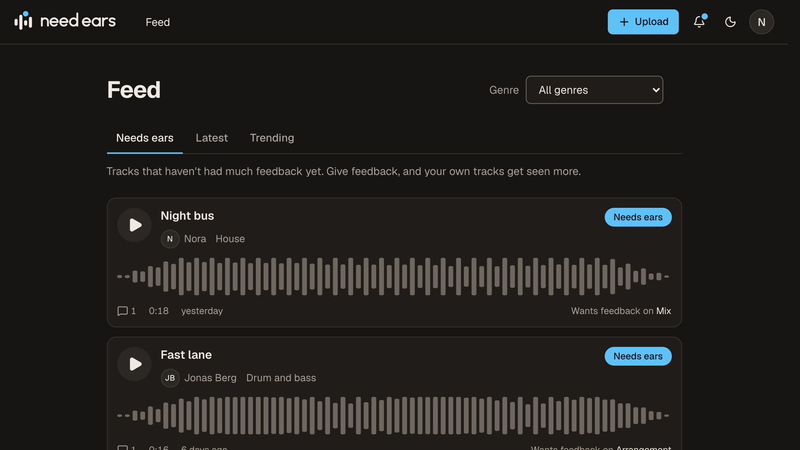 Fanen Needs ears, med låter som ikke har fått mye tilbakemelding enda.