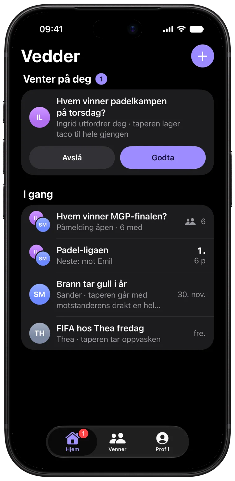 Vedders hjemskjerm på iPhone 18, med en utfordring som venter på svar og veddemål som er i gang.